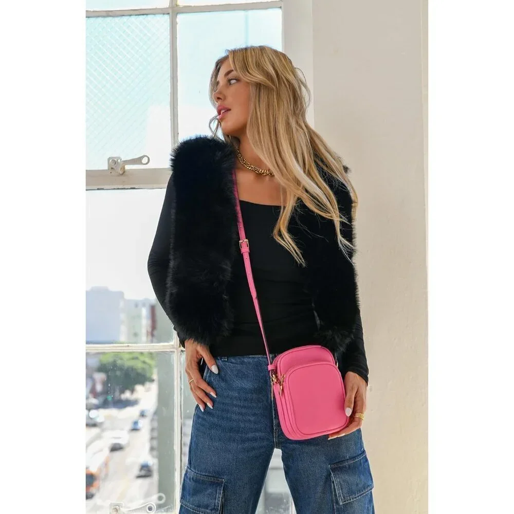 Josie Triple Zip Crossbody Bag Vegan PU Leather Small Travel Purse